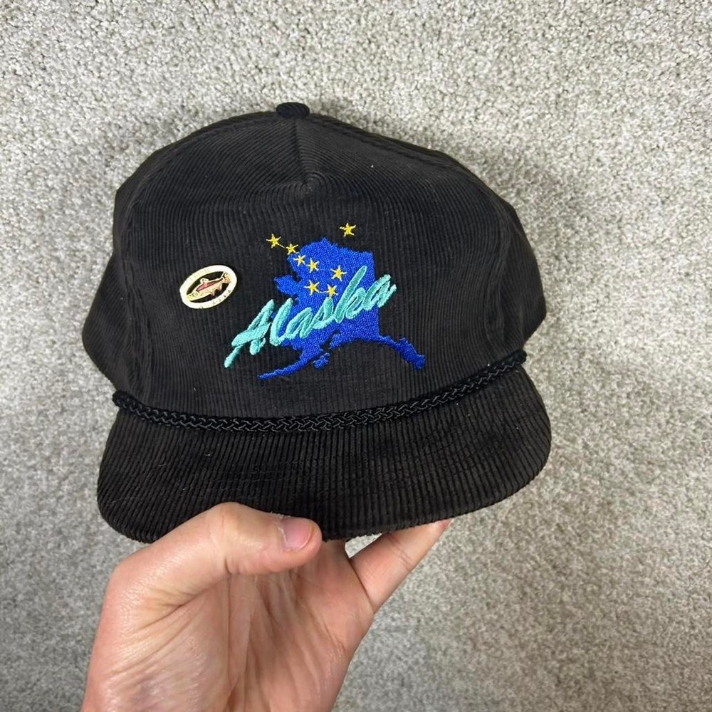 Vintage 80s Alaska black corduroy roped trucker SnapBack hat cap with pin